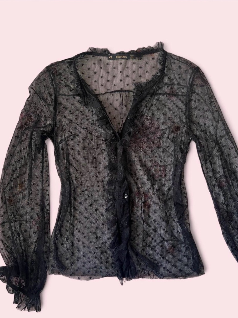 Mesh Polka Dot Ruffle Button-Front gothic Blouse - Black